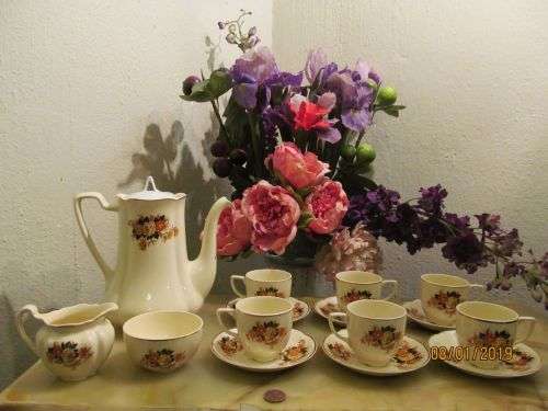VICTORIAN !! Vintage/Antique 1913+ Johnson Bros Ceramic Demitasse Set - Cabana Floral Pattern