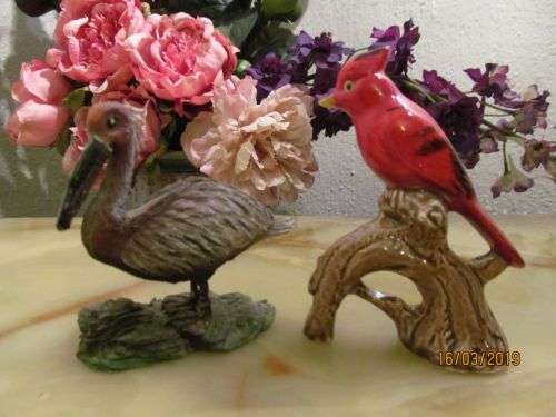 AVIAN !! Vintage Lot of Two Collectable Bird Figurines - Porcelain Cardinal & Resin Pelican