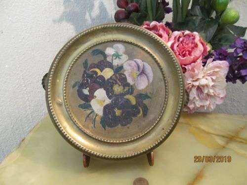 TAMBOURINE !! Vintage Solid Brass Hand Painted Musical Tambourine - Floral Decor