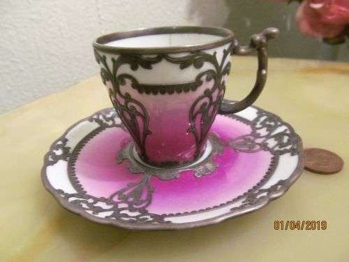 LIMOGES !! Extremely Rare Antique Jean Pouyat Porcelain & Brass Overlay Demitasse Duo