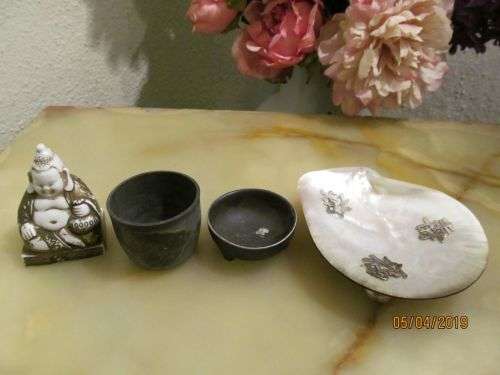 ALL THAT GLITTERS....!! Vintage Lot of Porcelain Buddha Incense Holder, Footed & Etched Shell etc