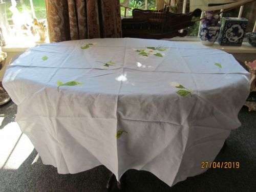 LILY BLUE !! Vintage Sky Blue Linen Table Cloth with Hand Applique Textile Lilies & Embroidery