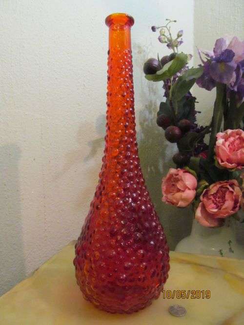 EMPOLI GENIE !! Rare Vintage Italian Empoli Art Glass Fire Red Genie Vase/Bottle - Hobnail Pattern