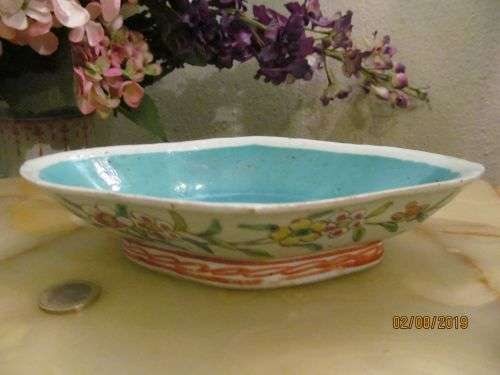 FLORAL ENAMEL !! Rare Antique Chinese Art Pottery (Ceramic) Hand Made Enameled Dish