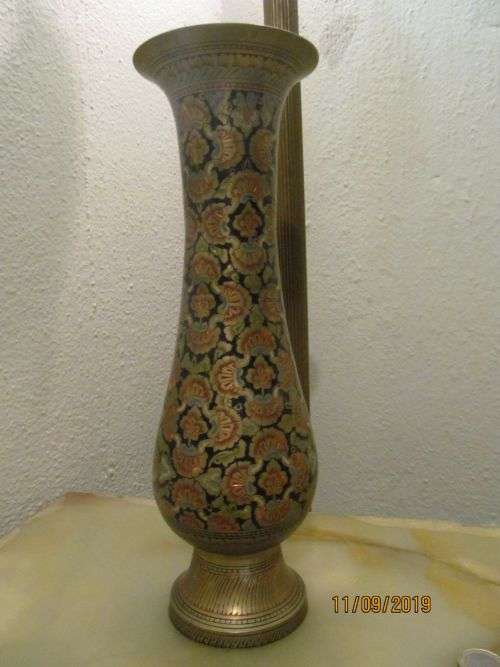 ENAMELED FLORAL !! Tall Vintage Enameled Brass Decorative Pedestal Vase with Etched Floral Designs