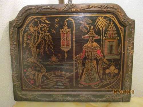 EASTERN ART !! Antique Chinese Hand Painted Decorative Wood Wall Panel - Embossed Ribbons & Flowers