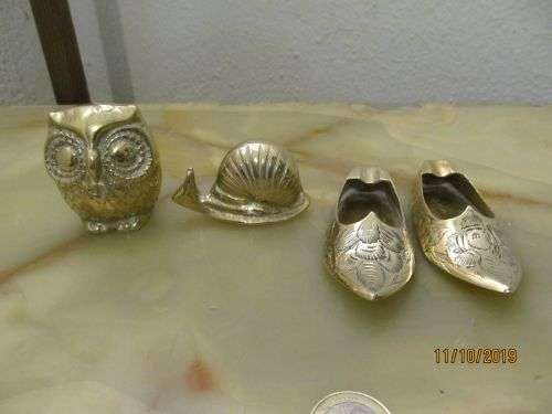 GARNITURE !! Vintage Lot of Brass Ornaments - Owl, Snail and 2 Identical Slippers