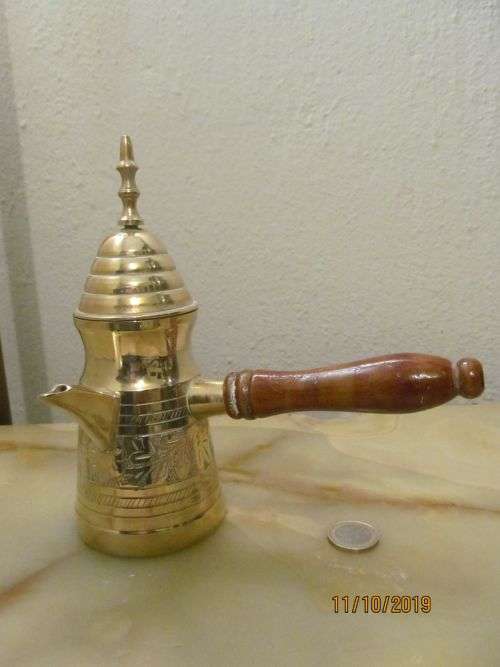 TURKISH BRASS !! Vintage Solid Brass Turkish Style Middle Eastern Coffee Pot with Wood Handle