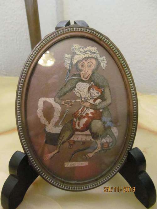 TOO HOT !! Vintage Brass Oval Picture / Photo Frame with Vintage Humor Print - Too Hot