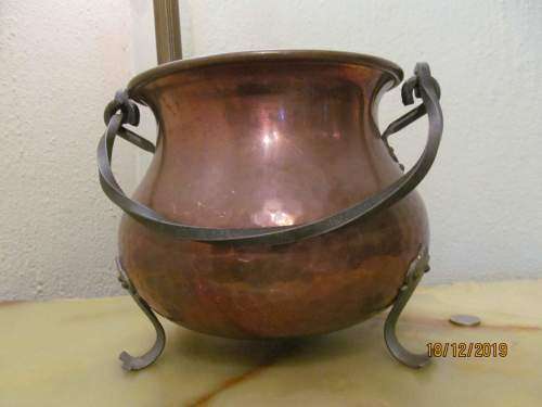 COPPER POTJIE !! Vintage Solid Copper Potjie Pot with Cast Iron Swing Handle & Feet