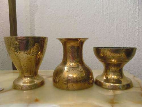 BRASSWARE !! Vintage Lot of Three Chinese Etched Brass Stands - 1 Closed Base, 2 Open