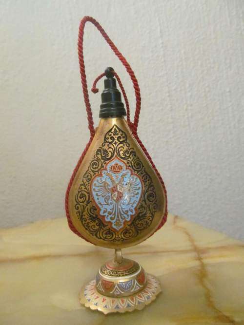 BYZANTINE !! Rare Vintage Brass Perfume Bottle with Enameled Byzantine/Habsburgs Eagle