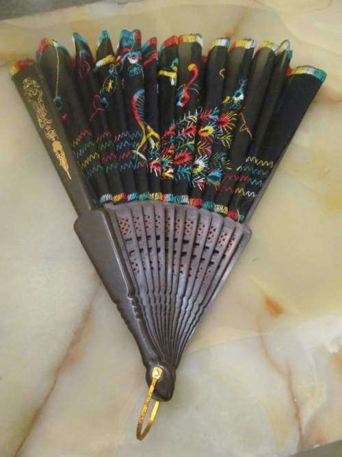 LACED !! Vintage Acrylic and Black Lace Oriental Hand Fan - Decorated with Embroidered Peacock