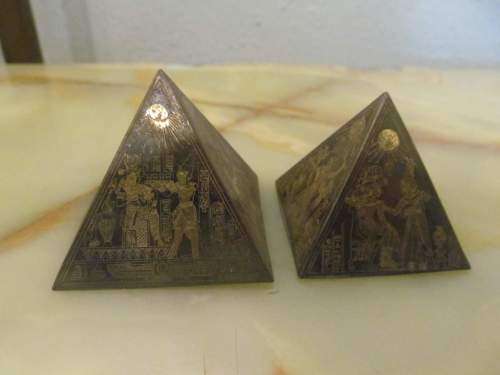 THEBES !! Vintage Lot of Two Graduating Metal Egyptian Pyramid Ornaments - Gold Images Etched
