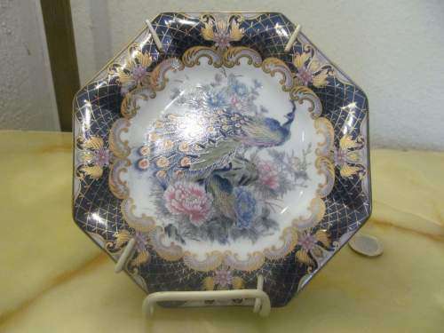 COBALT SPLENDOR !! Vintage Japanese Fine Porcelain Octagon Shaped Imari Peacock Plate