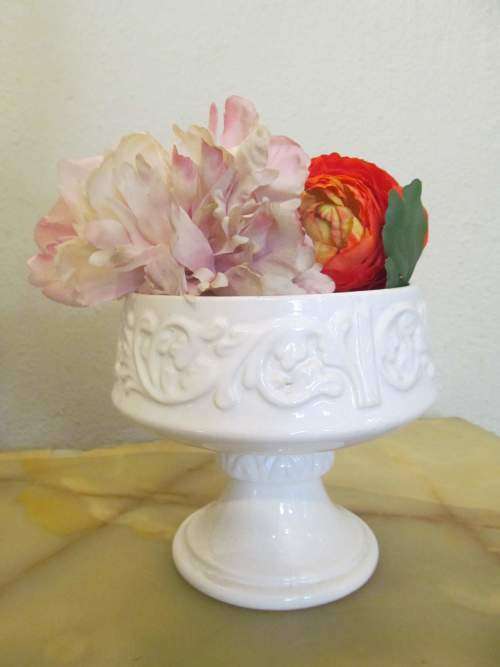 EMBOSSED 2 !! Vintage Ceramic Tazza Stand/Presentation/Floral Bowl with Raised Detail Scroll Detail