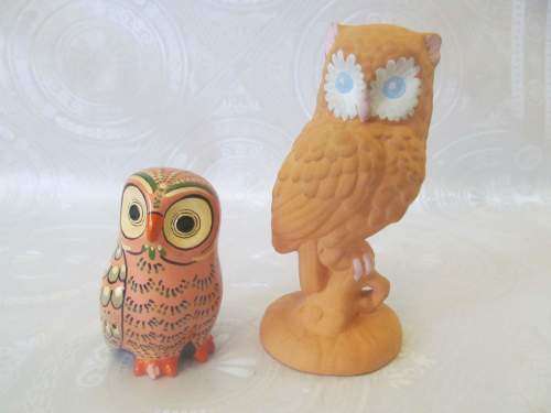 BISQUE & GLAZE !! Vintage Lot of Two Different Ornamental Ceramic Owl Figurines
