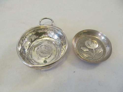 RARE SILVER !! Antique 1728 .917 Silver Wine Taster with Louis XV Coin & .830 Silver Dish