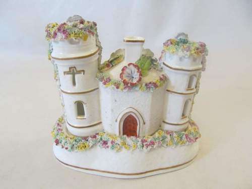 FLORAL CHURCH !! Vintage Collectable 2-Piece Ceramic Church Figurine with Capodimonte Style Flowers