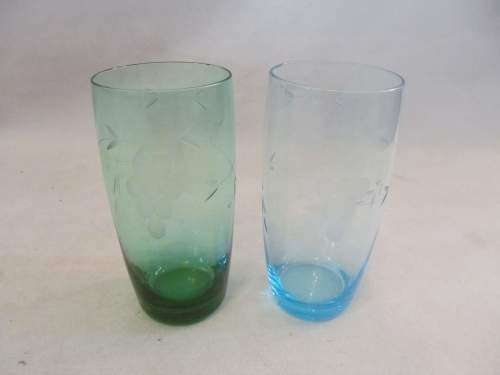 BLUE & GREEN !! Pristine Vintage Lot of Two Drinking Glasses with Grape & Vine Cut