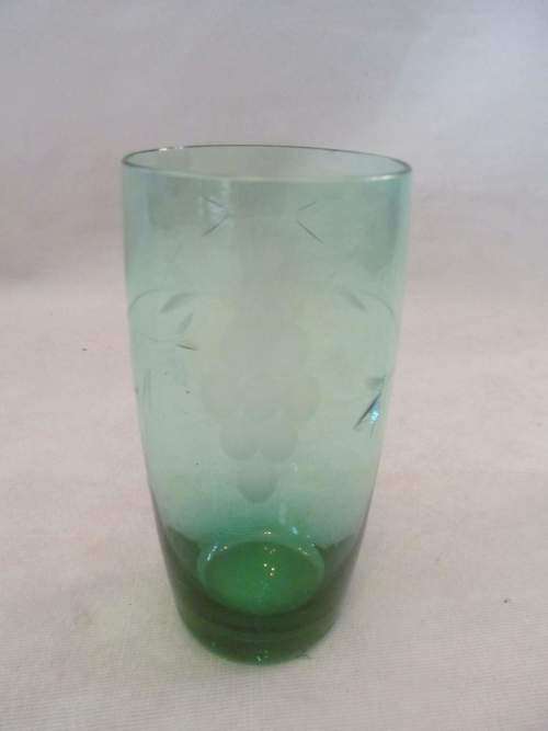 BLUE & GREEN !! Pristine Vintage Lot of Two Drinking Glasses with Grape & Vine Cut