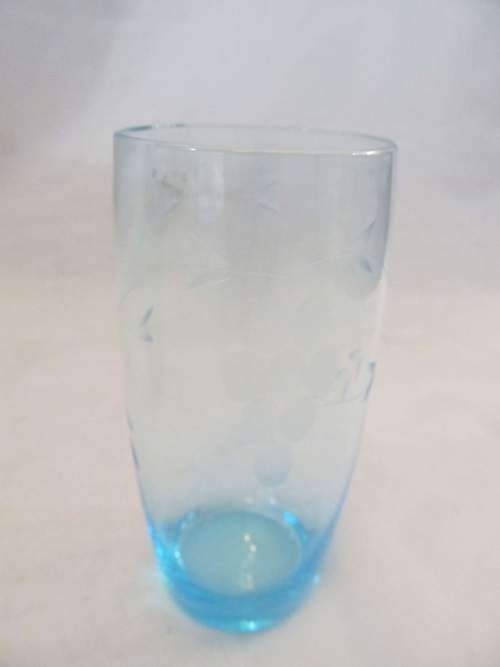 BLUE & GREEN !! Pristine Vintage Lot of Two Drinking Glasses with Grape & Vine Cut