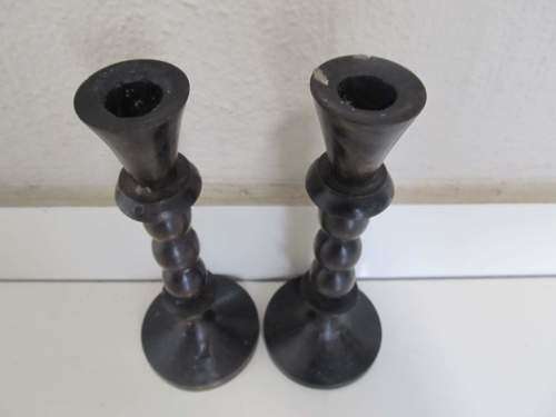 MACHINE TURNED !! Vintage Pair of Machine Turned and Polished Wood Candlesticks