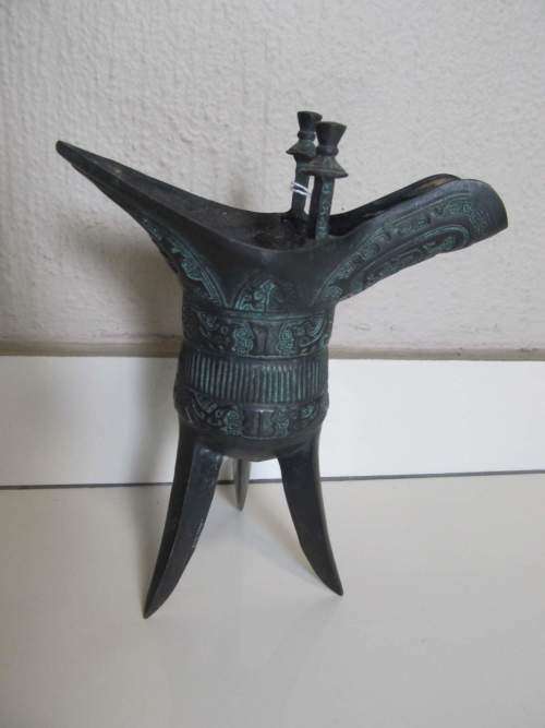 ZHOU !! Rare Antique Zhou Dynasty Styled Bronze Ritual Libation Wine Jue Vessel/Jug