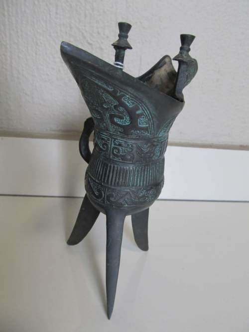 ZHOU !! Rare Antique Zhou Dynasty Styled Bronze Ritual Libation Wine Jue Vessel/Jug