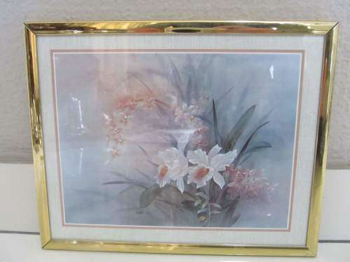 LENA LIU !! Gold Metal Framed Litho Print - Morning Calla Lilies - Lena Liu Print Signed