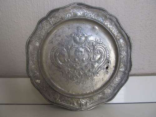 BACCHUS !! Rare Antique English Pewter Plate with Grand Baroque Patterning