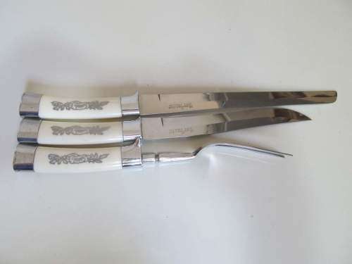 MASTERPIECE !! Vintage Unused Lot/Set of 2 Stainless Carving Knives & Matching Meat Fork