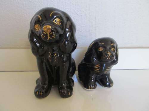 ADORABLE !! Decorative Lot / Set of Two Black & Gold Glazed Ceramic Dog Figurines