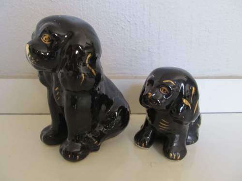 ADORABLE !! Decorative Lot / Set of Two Black & Gold Glazed Ceramic Dog Figurines