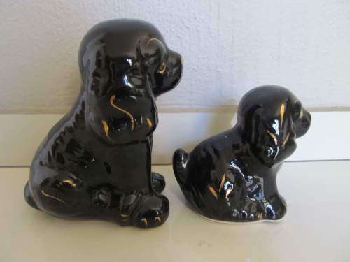 ADORABLE !! Decorative Lot / Set of Two Black & Gold Glazed Ceramic Dog Figurines