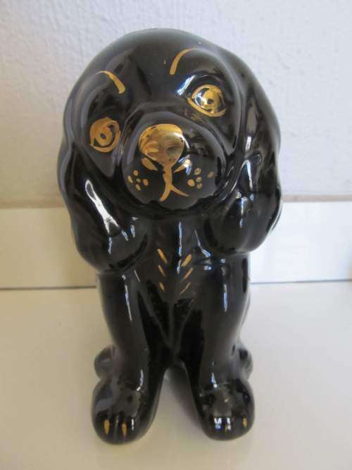 ADORABLE !! Decorative Lot / Set of Two Black & Gold Glazed Ceramic Dog Figurines