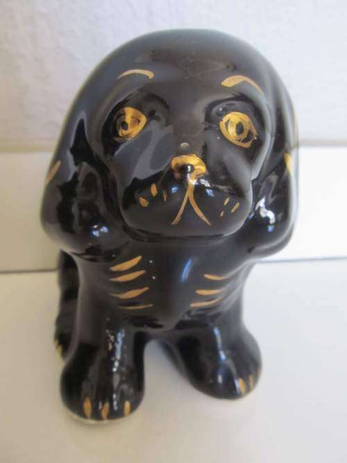 ADORABLE !! Decorative Lot / Set of Two Black & Gold Glazed Ceramic Dog Figurines