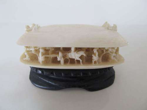 CANTONESE !! Rare Exquisitely Carved Bone Shell with Figural Scene on Carved Wood Stand