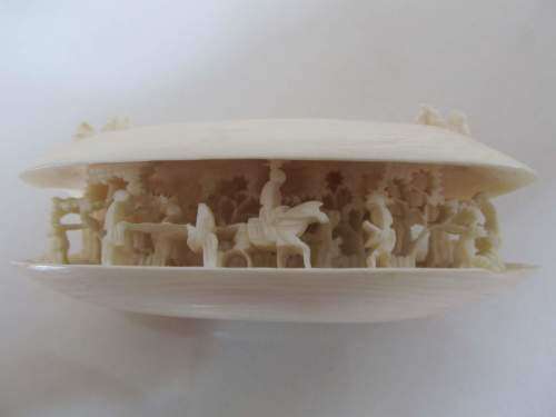 CANTONESE !! Rare Exquisitely Carved Bone Shell with Figural Scene on Carved Wood Stand