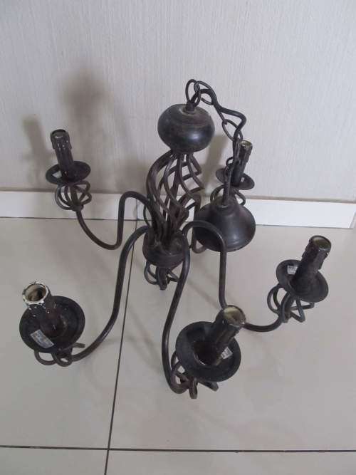 WROUGHT IRON !! Vintage 5-Arm Wrought Iron and Metal Electric Chandelier