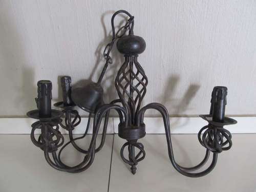 WROUGHT IRON !! Vintage 5-Arm Wrought Iron and Metal Electric Chandelier