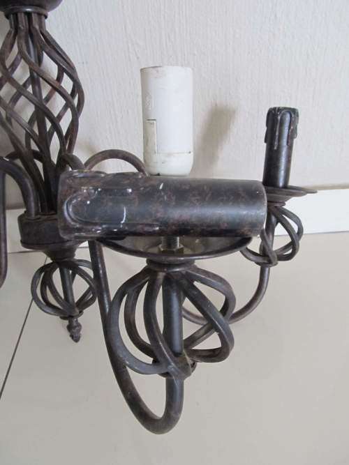 WROUGHT IRON !! Vintage 5-Arm Wrought Iron and Metal Electric Chandelier