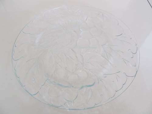 BERRIES !! Large Vintage Glass Cake Plate with Embossed Berries and Leaf Patterning