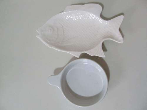 AU GRATIN + !! Contemporary Lot of Fine Porcelain Fish Dish and Ceramic Au Gratin Pan/Dish