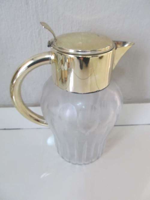 PITCHER !! Large Vintage Cut Glass Pitcher with Gold Metal Lid and Ice Flute