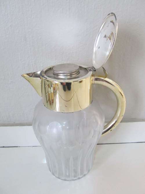 PITCHER !! Large Vintage Cut Glass Pitcher with Gold Metal Lid and Ice Flute