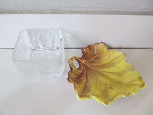 CERAMIC + !! Vintage Fine Porcelian Italian Leaf Dish and Glass Box
