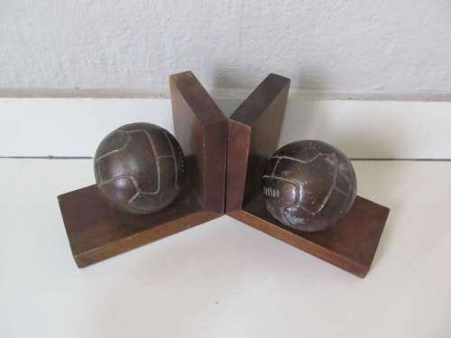 BOOK ENDS !! Vintage Pair / Set of Wood and Bronzed Football Bookends