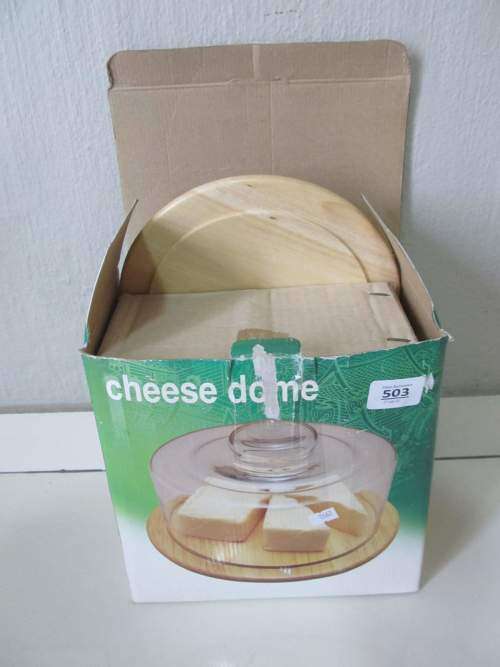 CHEESE DOME + !! Boxed Unused Multi Purpose Vintage Glass Cheese Dome (Wood Base) etc