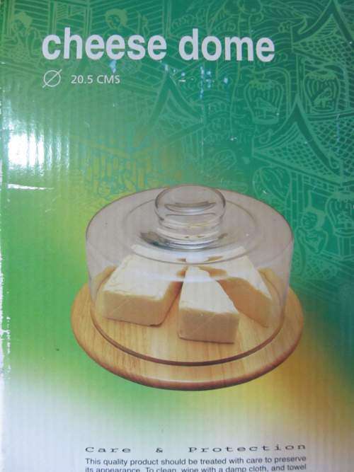 CHEESE DOME + !! Boxed Unused Multi Purpose Vintage Glass Cheese Dome (Wood Base) etc